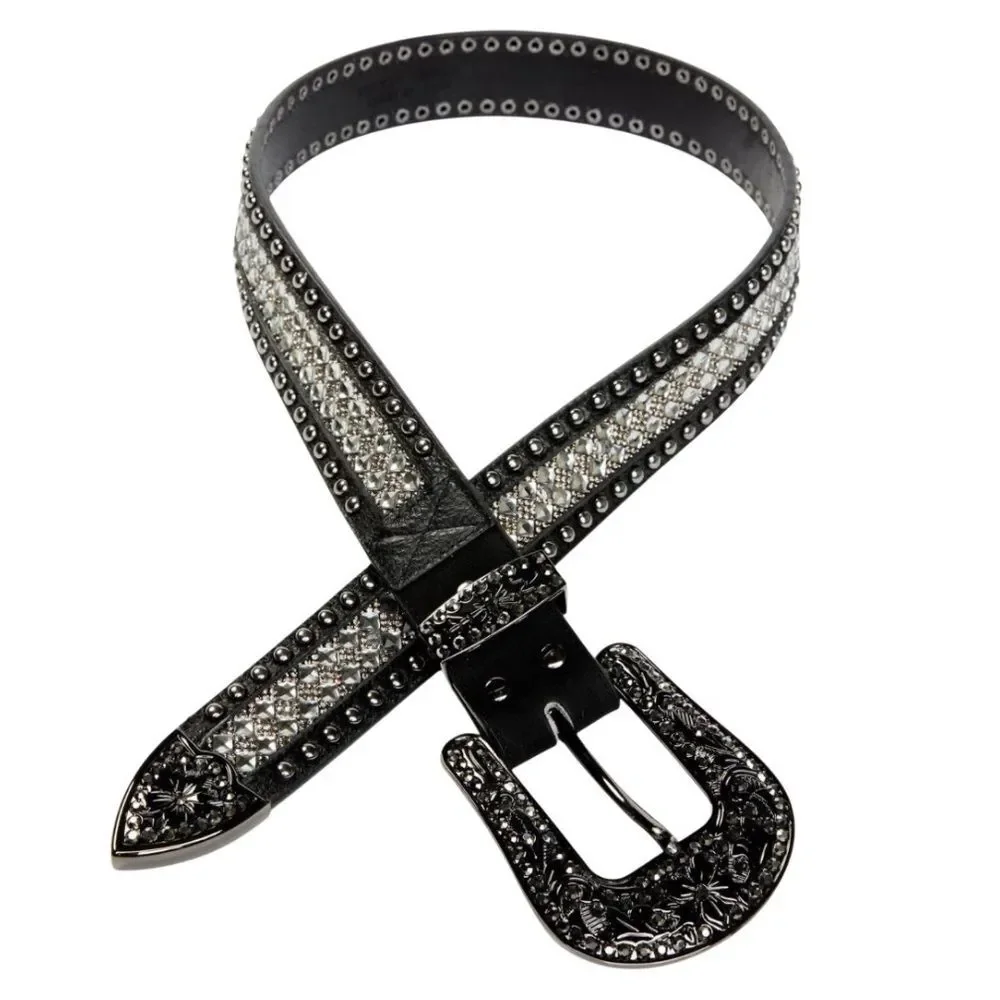 WONDERWEST Rhinestone Black Belt Leather Large Buckle Womens Size Medium